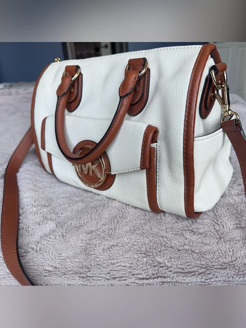 Michael Kors White and Brown Leather MK Logo Satchel